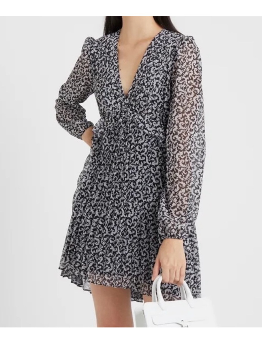The Kooples Black and White Printed V-Neck Long-Sleeve Mini Dress